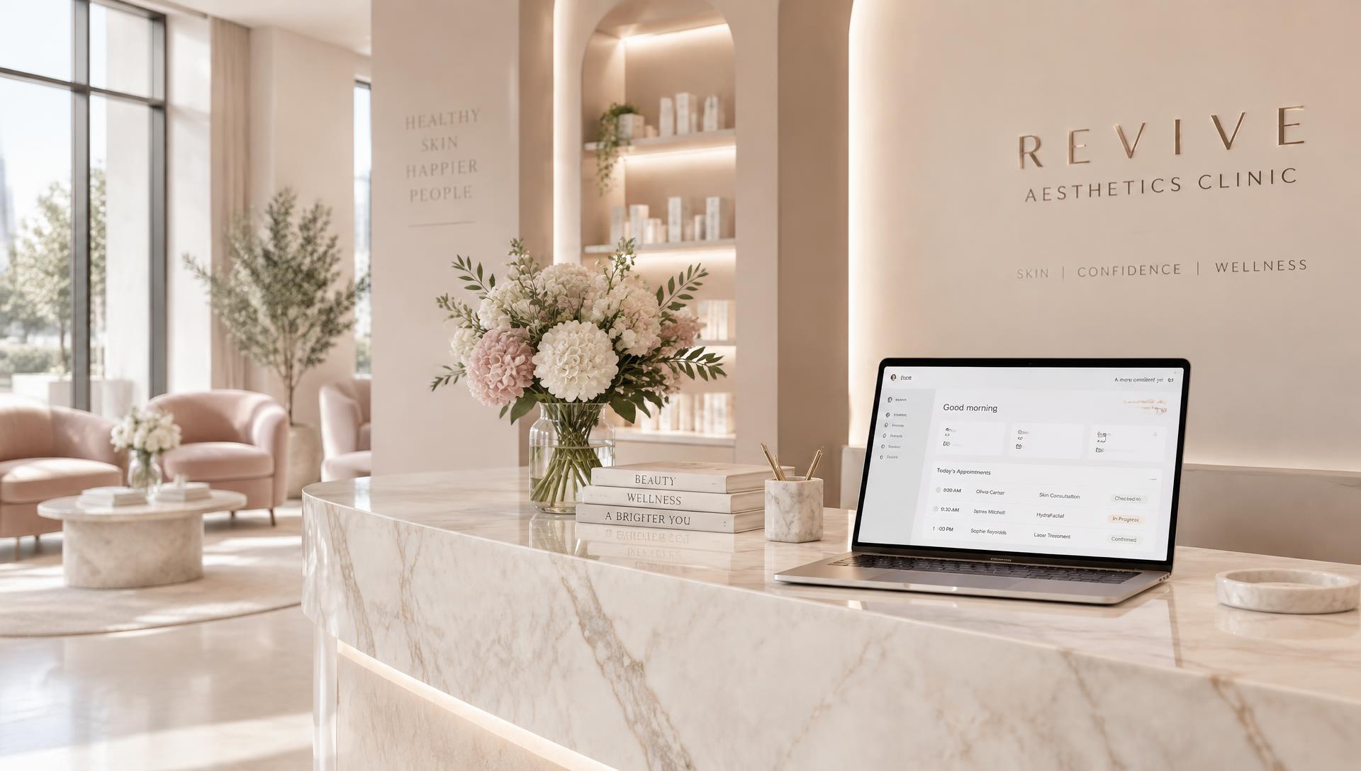 Premium clinic reception with management dashboard at dusk